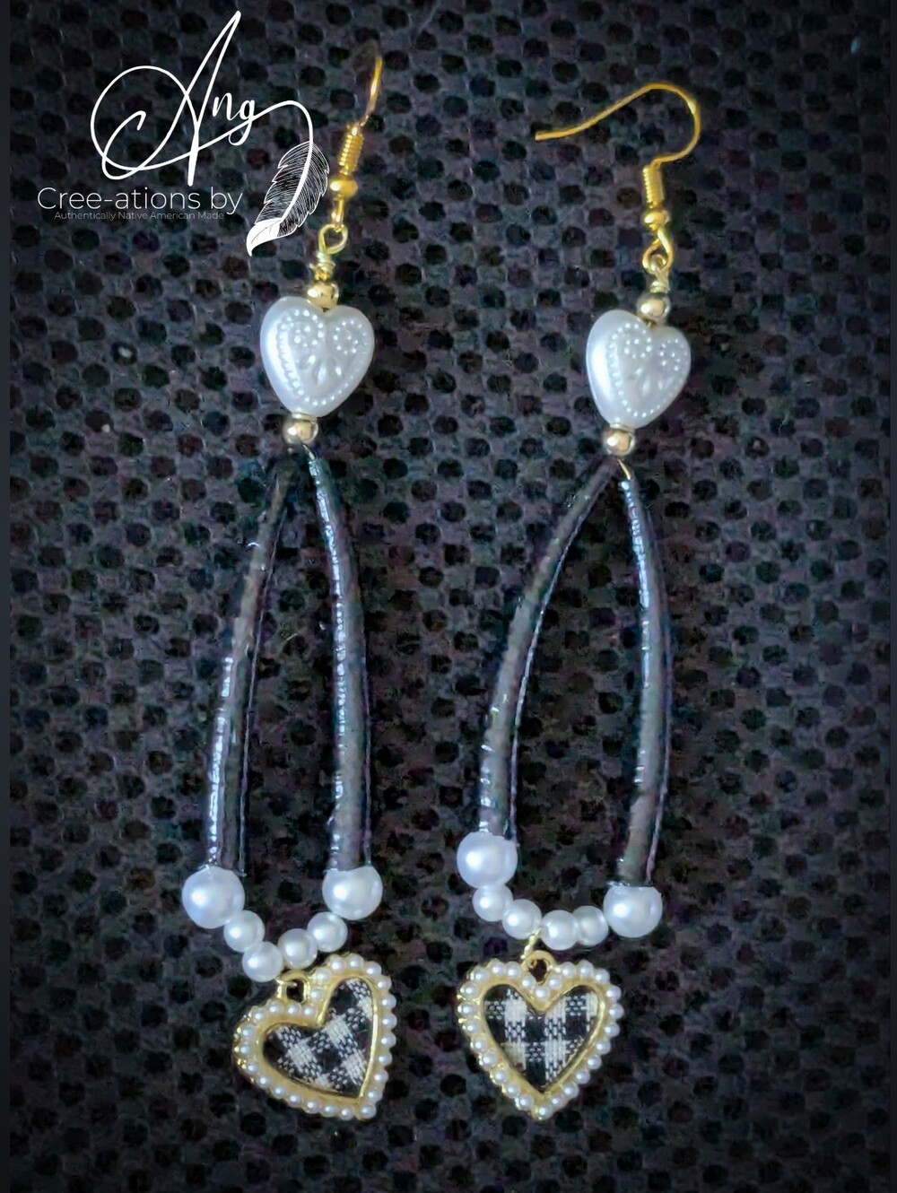 Classy Pearl Black & White Plaid Heart Dentalium Shell Drop Earrings